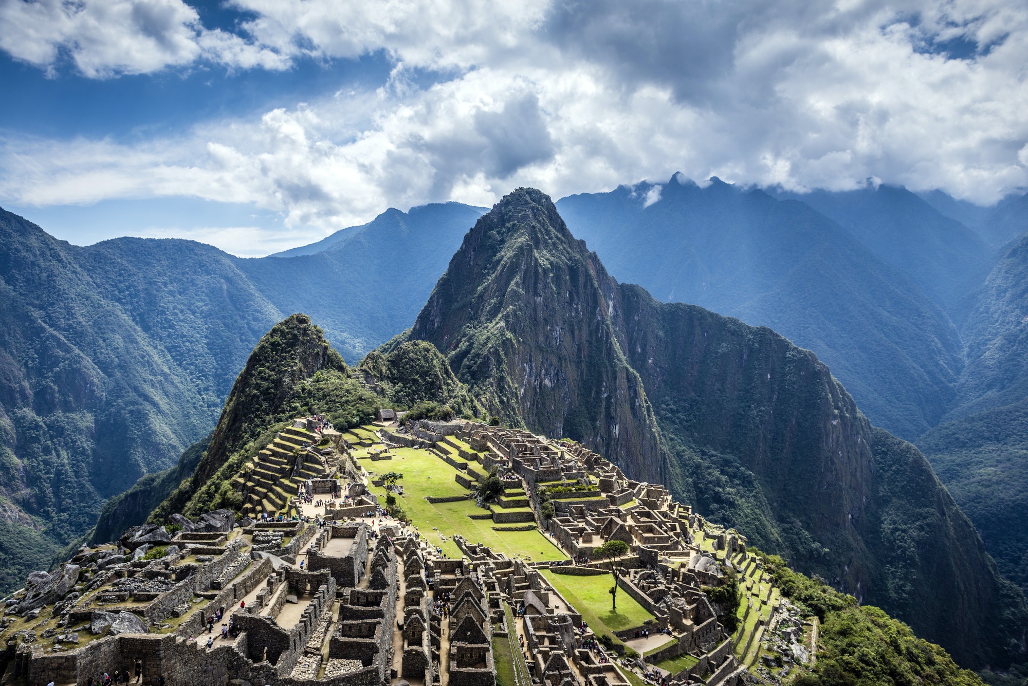 Aerial view of Macchu Picchu ruins in remote landscape, Cusco, Peru